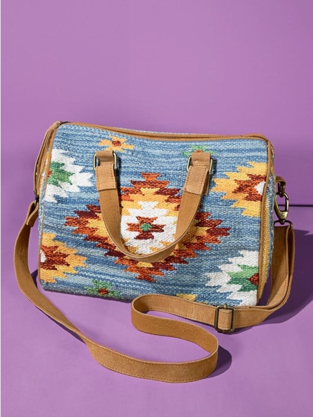 Ruggine Woven Aztec Pattern Satchel Bag in Sky Blue and Tan